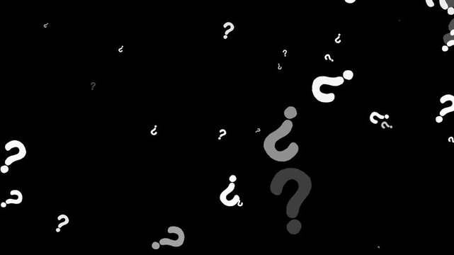 Floating white question marks animation, flying query symbols background, isolated video overlay element   