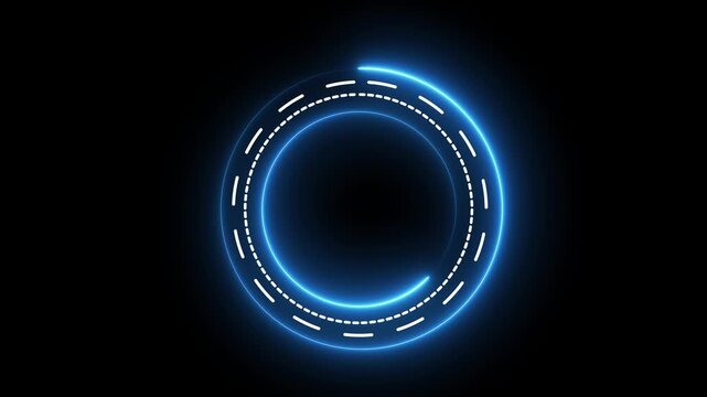 Futuristic neon blue circular hud with animated dashes on black background, abstract animation circle Motion graphics of concept.