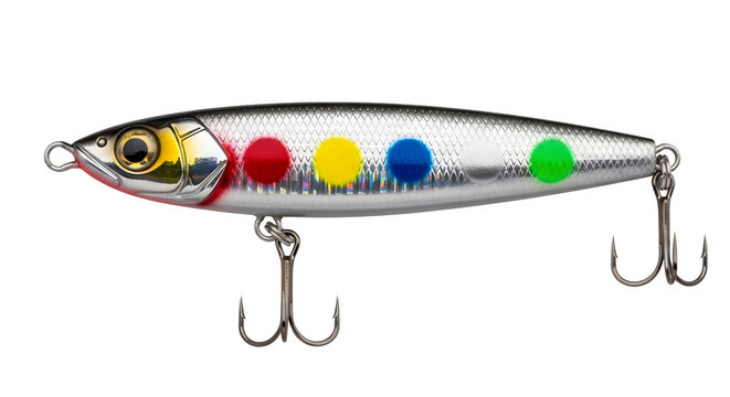Silver Fishing Lure with Colorful Polka Dot Pattern Isolated on a Clean Transparent Background for Sport Fishing Equipment Display