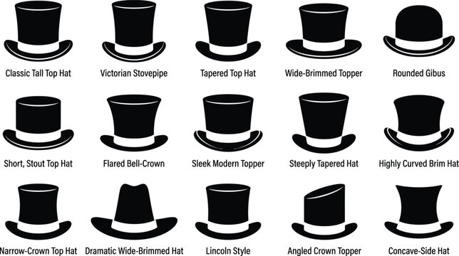 Set of various vintage top hat styles and silhouettes