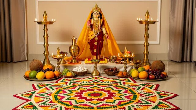 Traditional Hindu festival celebration featuring deity idol lamps and colorful floral rangoli floor decoration during Gauri Puja