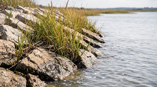 Close-up of restored living shoreline with interlocking natural stone riprap, native cordgrass, and salt marsh vegetation at the waterline under natural midday light