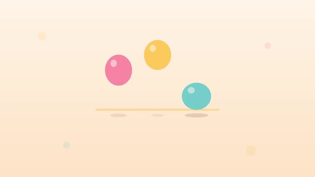 Three pastel bouncing balls hop in sequence with squash and stretch and soft shadows, playful flat design on warm cream gradient, seamless loop motion graphics