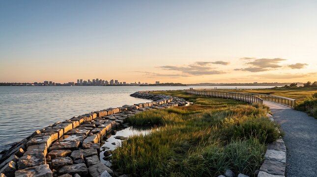Restored urban coastal living shoreline at golden hour with natural stone riprap, cordgrass, tidal marsh, gravel path, and boardwalk against silhouetted city skyline