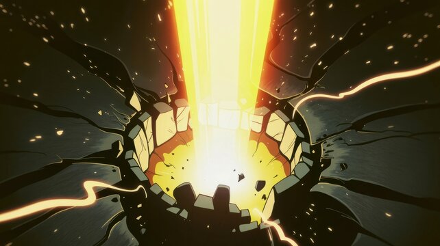 A bright yellow beam of light erupting from a circular stone crater in the dark ground with upwards cracked circular geological