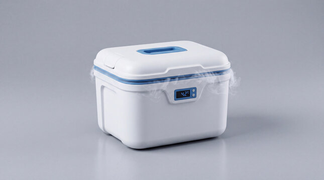 Portable medical cooler box for vaccine and blood transport with digital temperature display at 4.2 degrees celsius and cold vapor vapor smoke background.