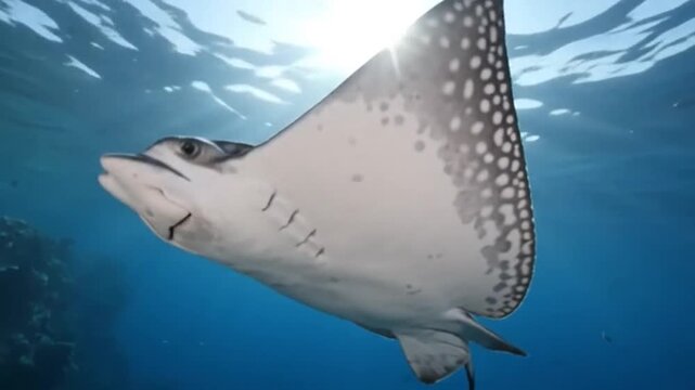Majestic Spotted Eagle Ray Gliding Gracefully Through Blue Ocean Waters