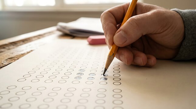 Person filling out survey or multiple choice test with yellow pencil on paper form at wooden table