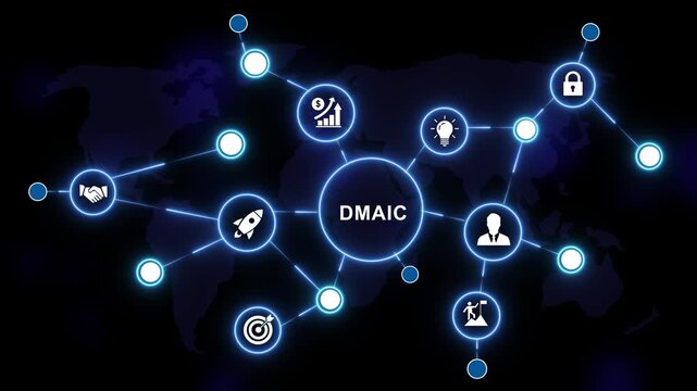Dmaic methodology concept with interactive digital network nodes, global business strategy process improvement workflow, six sigma management system, data analytics and corporate growth motion