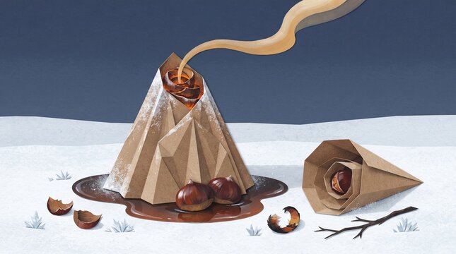 Paper volcano erupting with chocolate and chestnuts on snow - Chestnuts roasting season