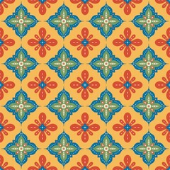 Orange tile pattern with blue and red floral motifs © Zakiiart 