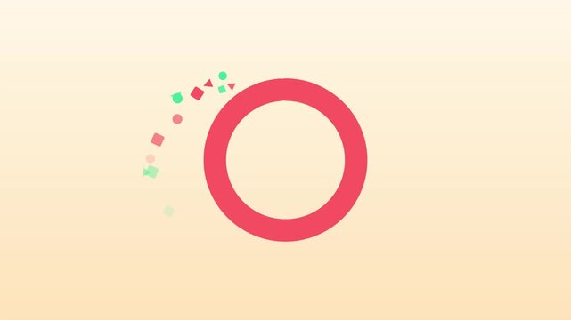 Colorful ring progress fills clockwise with confetti squares, triangles and circles popping outward, playful flat celebration motion graphics on warm cream gradient