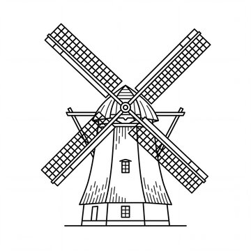 Traditional dutch windmill line art illustration on white background