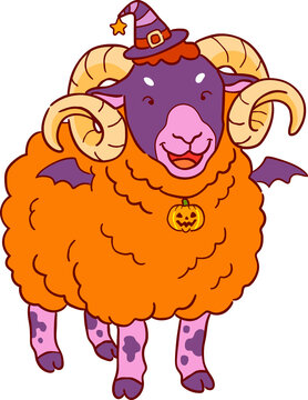 halloween ram illustration cute sheep witch hat bat wings