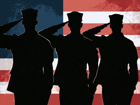 Three soldiers saluting against american flag colors background