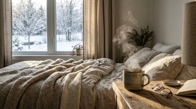 Cozy bedroom with warm tones, soft blankets, hot drink, and snowy window view on a winter morning