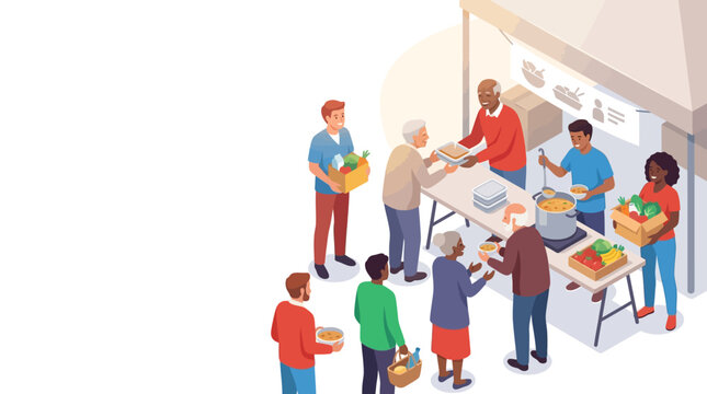 Community food bank, people receiving groceries and hot meals, social aid illustration