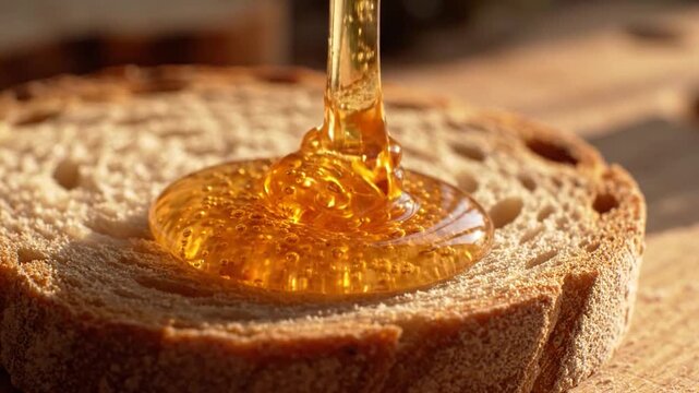 Golden Honey Drizzling Over Sourdough Bread Slice