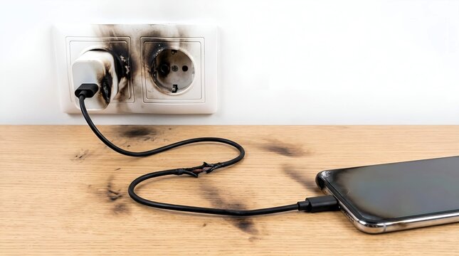 Burnt electrical socket and damaged smartphone charger cable showing dangerous short circuit risk on wooden table interior
