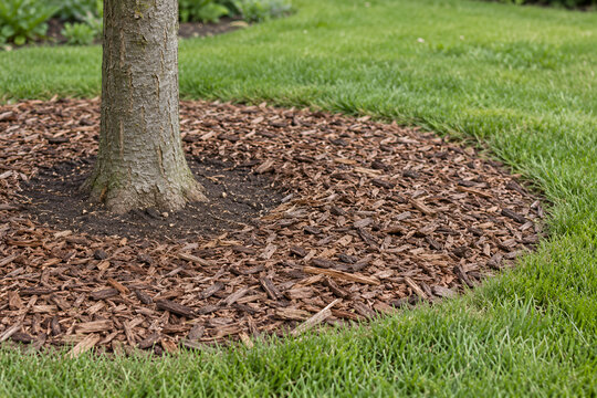 Bark mulch around a tree with a clear soil gap at the trunk