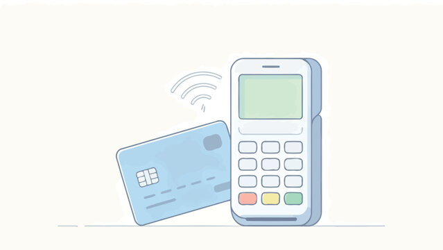 Illustration of contactless payment featuring blue credit card and white POS terminal with wireless signal