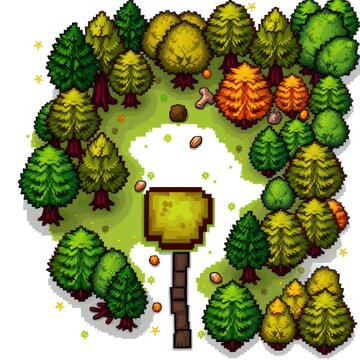 Pixel art game forest map top view with trees and path