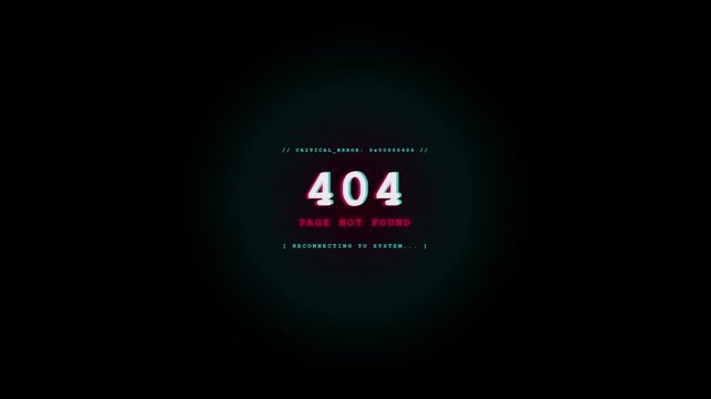 Digital '404 Not Found' error message glowing on a dark, minimalist screen, symbolizing a broken link or unavailable web page, perfect for modern technology visuals and motion graphics
