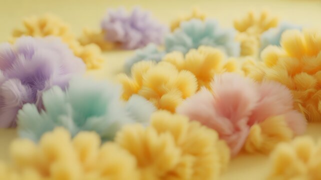 Soft pastel pom-poms in yellow and blue, fuzzy textile craft elements with woolly texture, dreamlike macro photography for creative backgrounds.