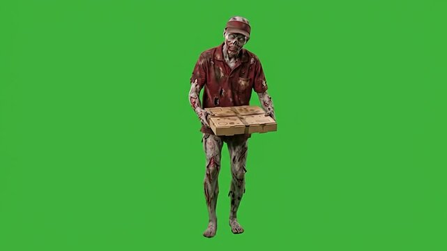 Halloween zombie delivery man walking with pizza on green screen