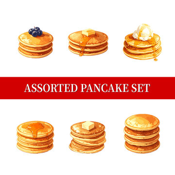 Vector assorted pancake Illustration Collection, 6 Various Pancake Types with Butter, Ice Cream, and Berries Isolated on White Background (vector version)