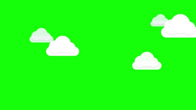 Stylized white fluffy clouds floating on a bright green screen chroma key background for motion graphics and video editing