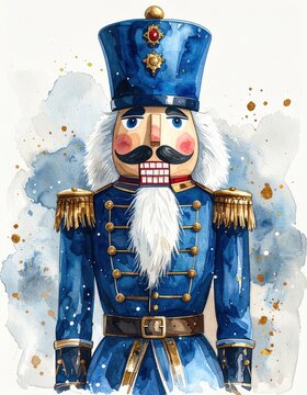 A watercolor illustration of a classic nutcracker soldier dressed in blue uniform with gold accents, white beard, and a tall hat, set against a soft splattered background.