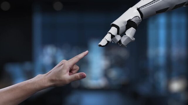 This image portrays the concept of AI ethics with a human hand and robotic arm interacting with digital icons, emphasizing technology role in moral decision-making and governance. Synapse