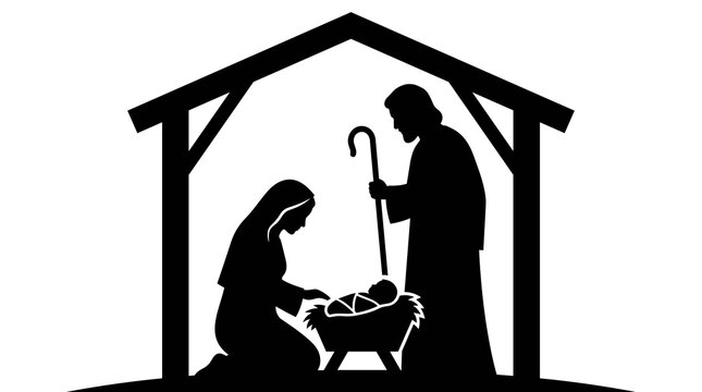 Black and white silhouette vector of the Christmas nativity scene featuring Mary, Joseph, and baby Jesus in a manger under a stable roof, symbolic of the religious holiday.