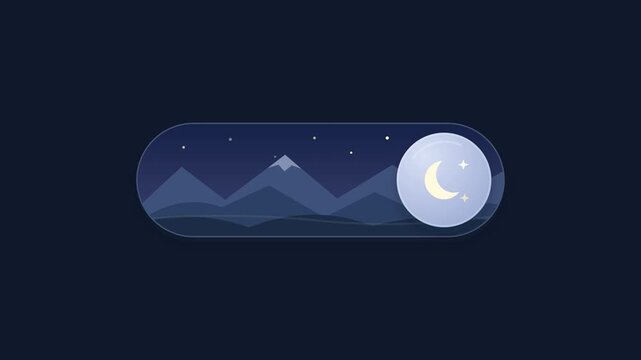 Minimalist animated day and night mode toggle switch for user interface design featuring sun and moon icons with a mountain landscape background for mobile apps and website theme settings.