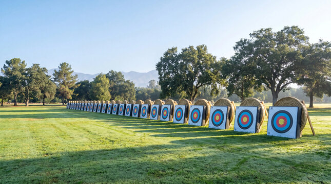 Outdoor archery range with target line on grass field for competition tournament practice training session and recreational sport club activity