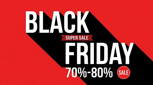 Black friday super sale banner design with big discount offer text and long shadow on red background