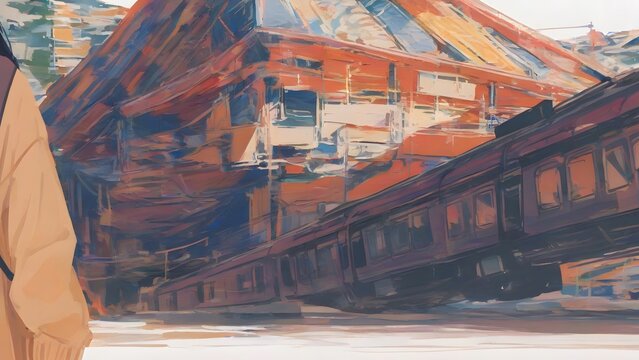 Painterly artwork of a vintage train traveling along elevated tracks past industrial buildings under sunset sky background