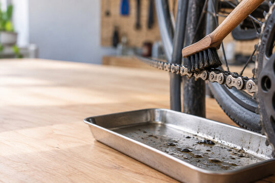 Bicycle chain cleaning with brush and drip tray