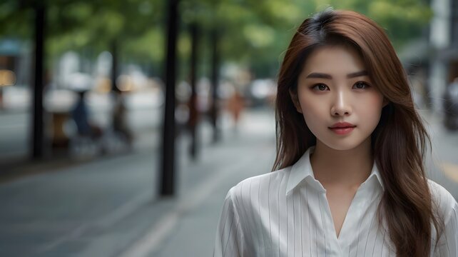 Portrait of a beautiful young Asian woman in white shirt standing on a city street with soft outdoor daylight captured in soft flattering lighting with sharp detail and natural shallow depth