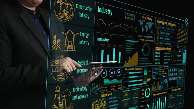 This image features an interactive display of various industries, showcasing data visualization through charts and graphs, enhancing business analysis and strategic insights. Cipher