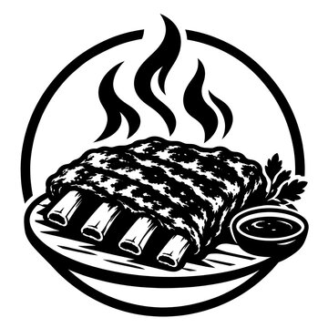 Logo iga bakar bergaya ilustrasi vektor dengan warna hitam putih. Menampilkan iga bakar dengan tekstur daging panggang, garis-garis bekas bakaran, tulang iga yang terlihat jelas, dan asap yang mengepu