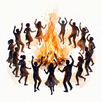 Silhouette group dancing around a large bonfire watercolor