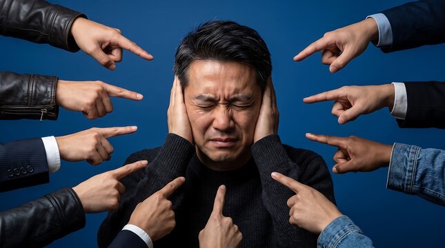 Stressed middle aged Asian man covering ears while being pointed at by several hands as a symbol of blame and social pressure