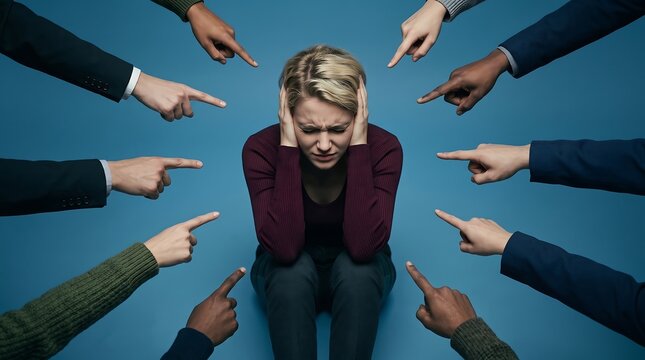 Overwhelmed woman sitting on the floor covering her ears while multiple diverse hands point at her in judgment