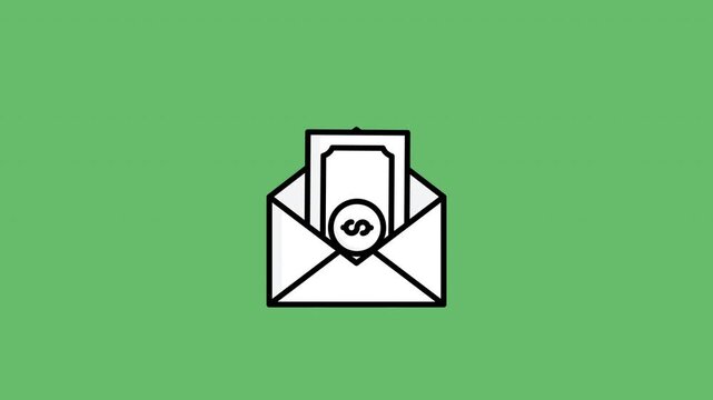 Animated line art icon of an open envelope with a dollar banknote inside. Minimalist motion graphic asset perfectly designed for sending money, salary transfer, and fintech payment UI.