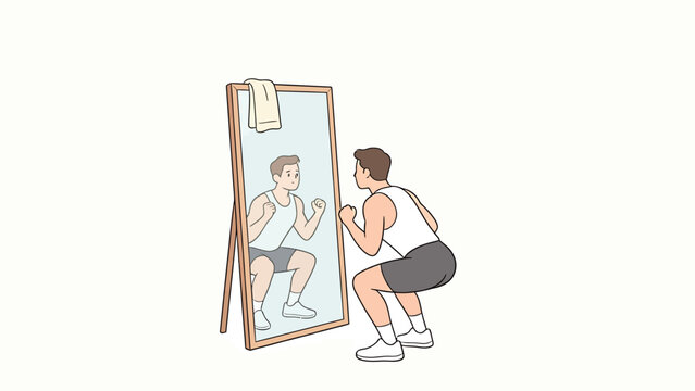 Man performing deep squatting exercise in front of full length wooden frame mirror with white towel hanging