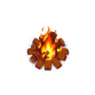 Pixel art campfire with burning wood logs isolated on white background