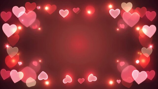 Red background with glowing hearts frame and bokeh light effect, romantic motion background loop