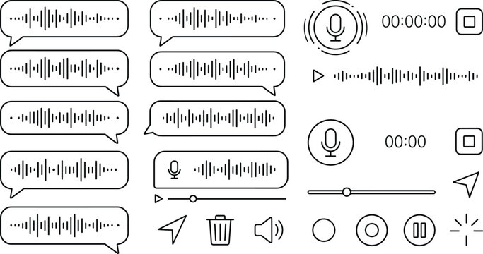Voice message audio wave icon set featuring microphone recording buttons speech bubbles sound waveform player interface user elements